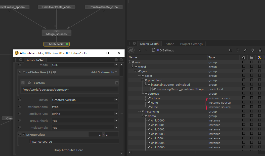 Katana Interface screenshot: AttributeSet node.