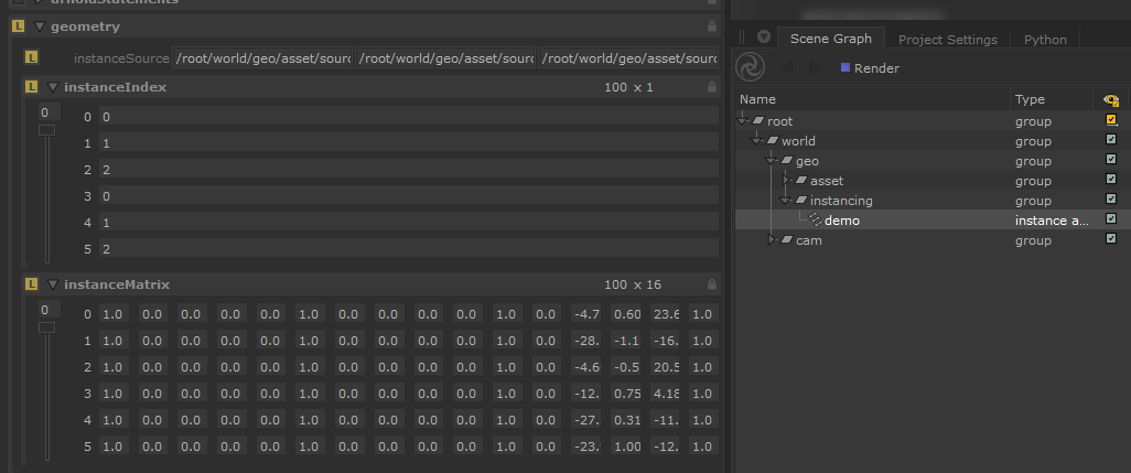 Katana Interface screenshot: Instance Array Attributes.